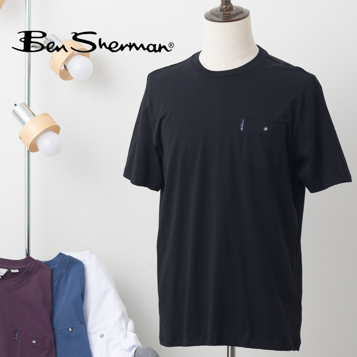 Ben Sherman ベンシャーマン 胸ポケット付き Tシャツ 半袖 ブラック プラム リビエラブルー ホワイト オーガニックコットン シンプル ターゲットマーク レギュラーフィット クルーネック ユニセックス イギリス ギフト トラッド メンズ