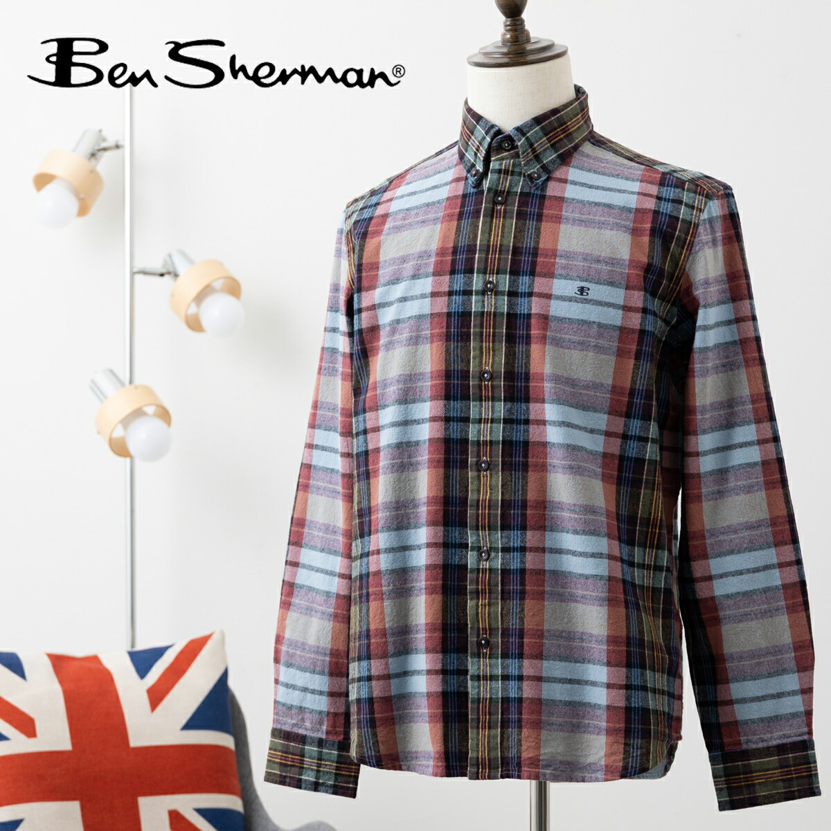 ベンシャーマン メンズ 長袖シャツ ブラッシュドマルチカラーチェックプリント アイスブルー Ben Sherman クラシックフィット レトロ ボタンダウン コットン チェック柄 男性 ギフト トラッド｜CLOZEST モッズメンズレディース