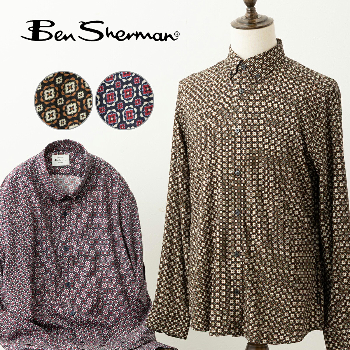 ベンシャーマン Ben Sherman 長袖シャツ フーラードプリント 2025AW 新作 ジオメトリック ブロンズ ダークレッド MOD FIT ボタンダウン ビスコース とろみシャツ スカーフ柄 レトロ プレゼント ギフト｜CLOZEST モッズメンズレディース