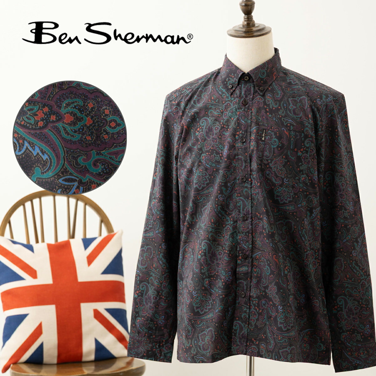 ベンシャーマン Ben Sherman 長袖シャツ ペイズリー プリント 2025AW 新作 ブラック MOD FIT ボタンダウン コットン レトロ プレゼント ギフト｜CLOZEST モッズメンズレディース