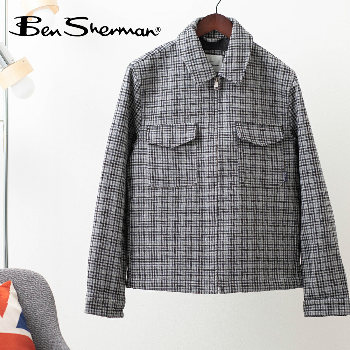 ベンシャーマン メンズ ジップジャケット ウール アウター チェック スチール Ben Sherman クラシック フィット レトロ 男性 ギフト トラッド