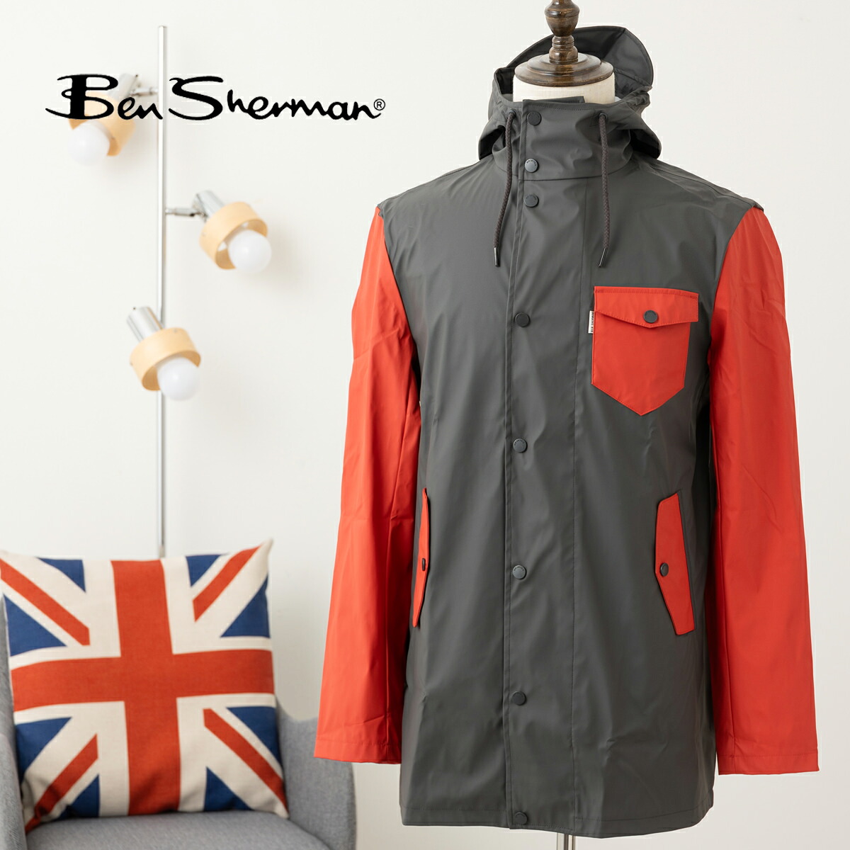 Ben Sherman ベンシャーマン ラバーコートパーカ コート レインコート ミドル丈 ディープオレンジ 撥水 防水 アウター ツートーン バイカラー メンズ プレゼント ギフト