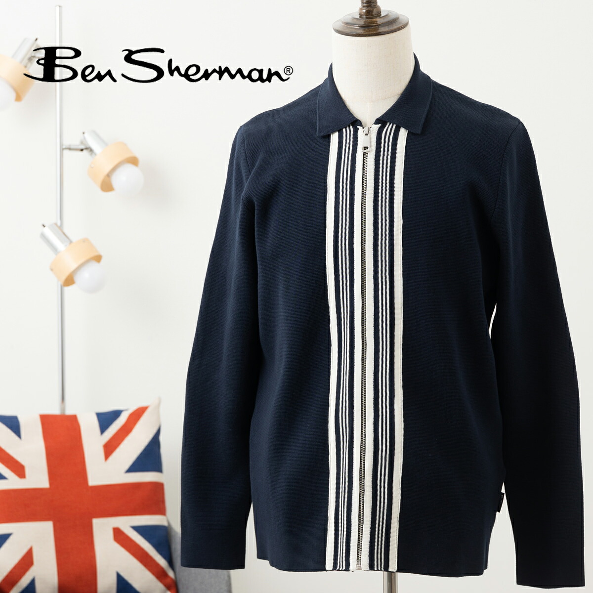 ベンシャーマン Ben Sherman ジップスルーカーディガン ダークネイビー ストライプ 長袖 セーター ニット オーガニックコットン 厚手 メンズ 男性 プレゼント ギフト｜CLOZEST モッズメンズレディース