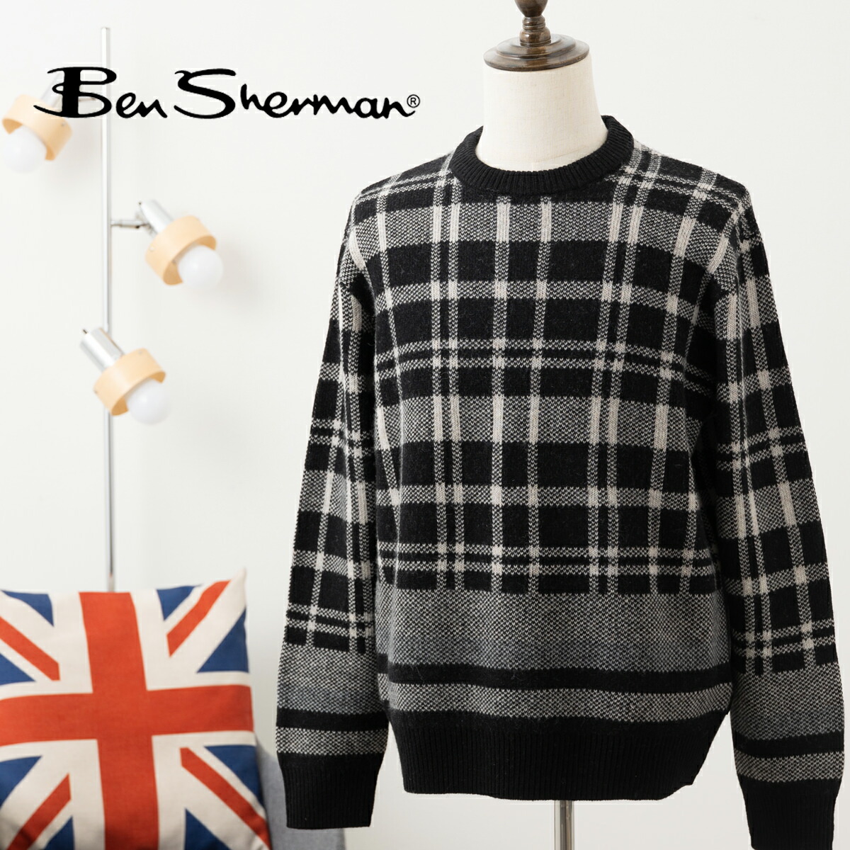 Ben Sherman ベンシャーマン クルーネックセーター ニット セーター タータンチェック クルーネック ブラック ウール混 ラムウール ギフト プレゼント モッズ トラッド メンズ