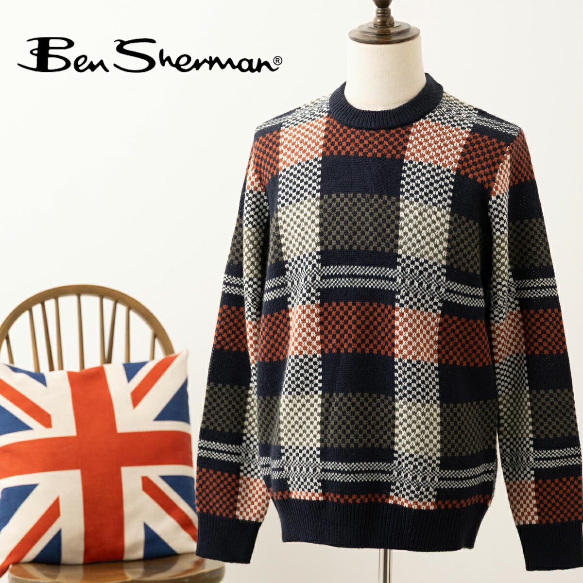 Ben Sherman ベンシャーマン クルーネックセーター 2025AW 新作 ニット セーター ジャガード チェック クルーネック ダークネイビー レギュラーフィット ウール混 ギフト プレゼント モッズ トラッド メンズ