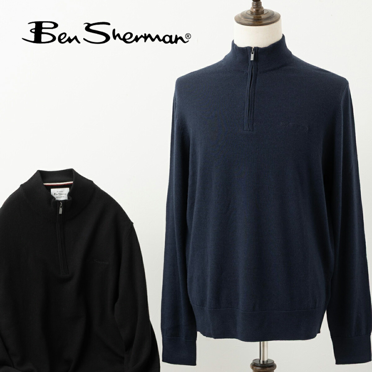 Ben Sherman ベンシャーマン 長袖ニット ハーフジップ メリノウール 2025AW 新作 ファネルネック ブラック ダークネイビー レギュラーフィット シンプル ギフト モッズ ボタンスルー トラッド ユニセックス メンズ｜CLOZEST モッズメンズレディース