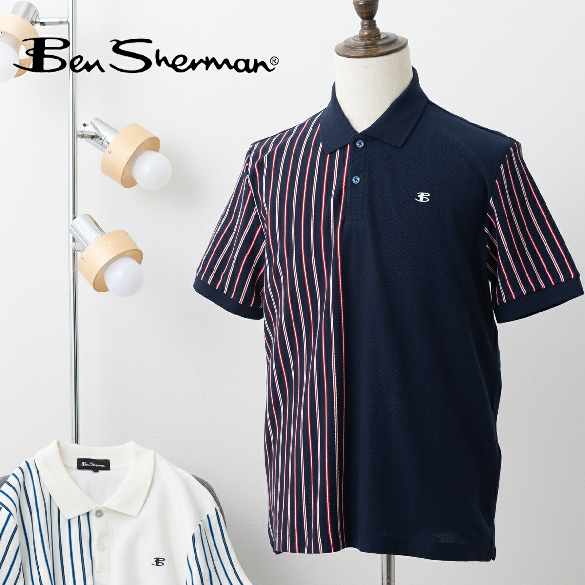 Ben Sherman ベンシャーマン メンズ 半袖ポロシャツ バーティカルファインストライプ ポロ リラックスフィット ダークネイビー スノーホワイト コットン ギフト モッズ ボタン開閉 トラッド｜CLOZEST モッズメンズレディース