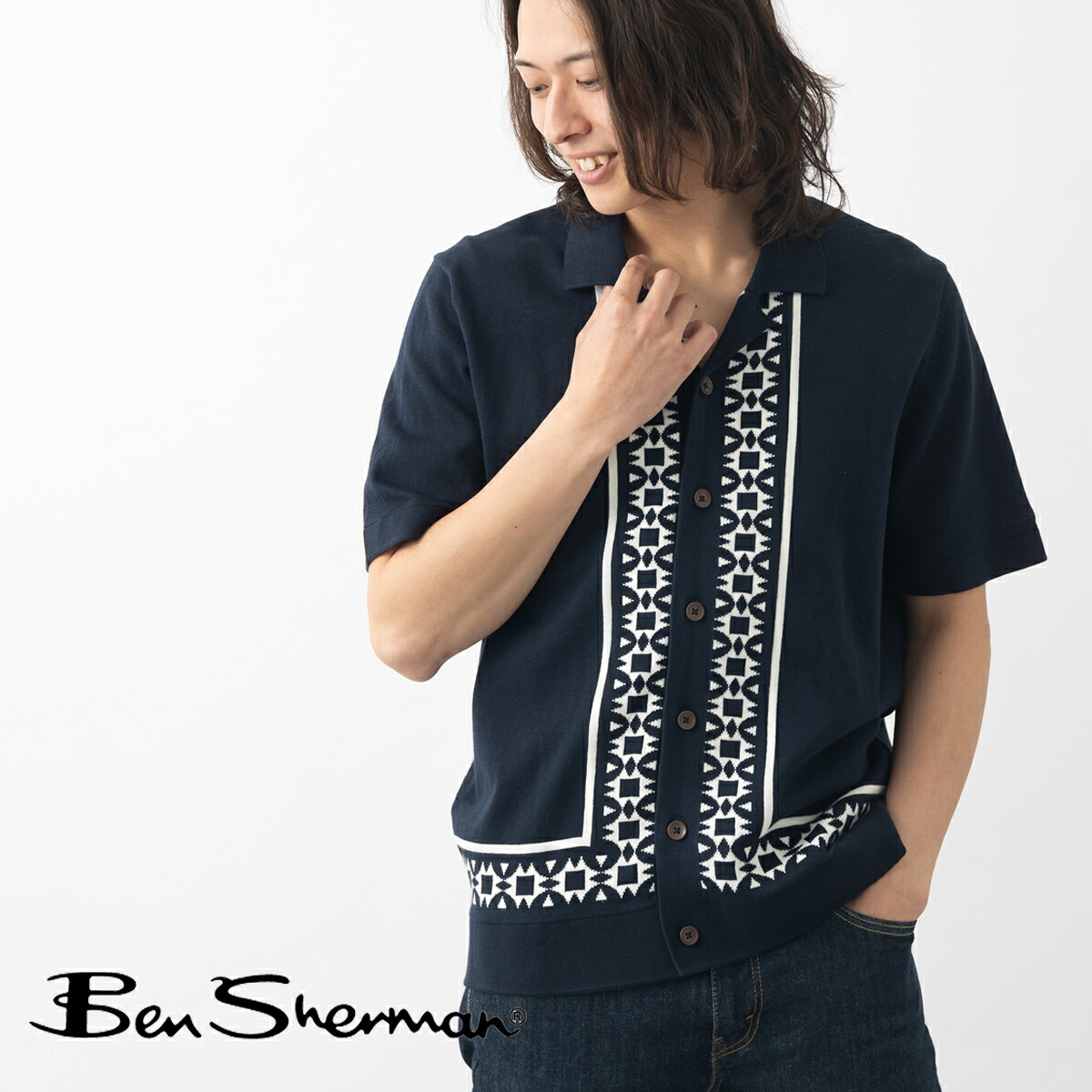 Ben Sherman ベンシャーマン 半袖ニットシャツ ニットポロ ダークネイビー オーガニックコットン フローラルボーダー 開襟 ギフト モッズ ボタンスルー トラッド メンズ