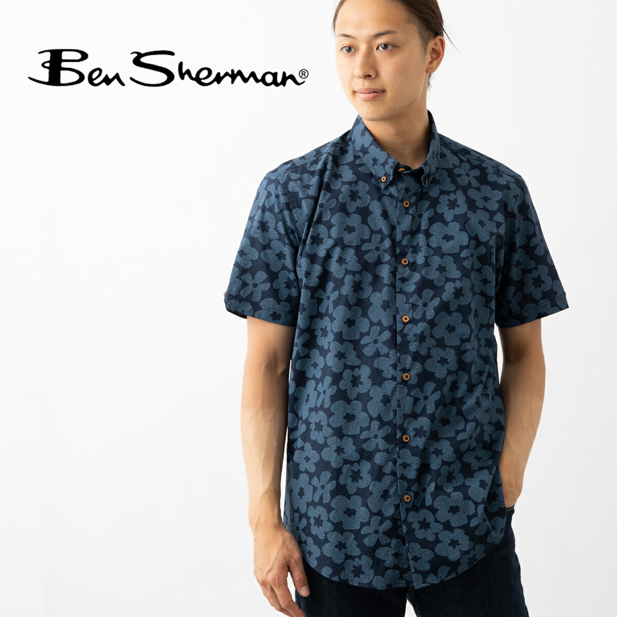 Ben Sherman ベンシャーマン 半袖シャツ フローラル柄 スティプルフローラル 新作 2025SS フラワー 花柄 ダークネイビー ボタンダウン MOD FIT オーガニックコットン ギフト モッズ ボタンスルー トラッド ユニセックス メンズ