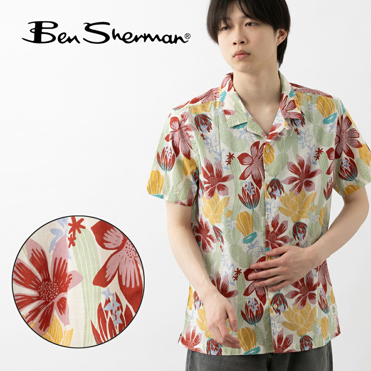 Ben Sherman ベンシャーマン 開襟半袖シャツ サボテンプリント 新作 2026SS アイボリー CARNABY FIT コットン フラワー ギフト モッズ トラッド ユニセックス｜CLOZEST モッズメンズレディース
