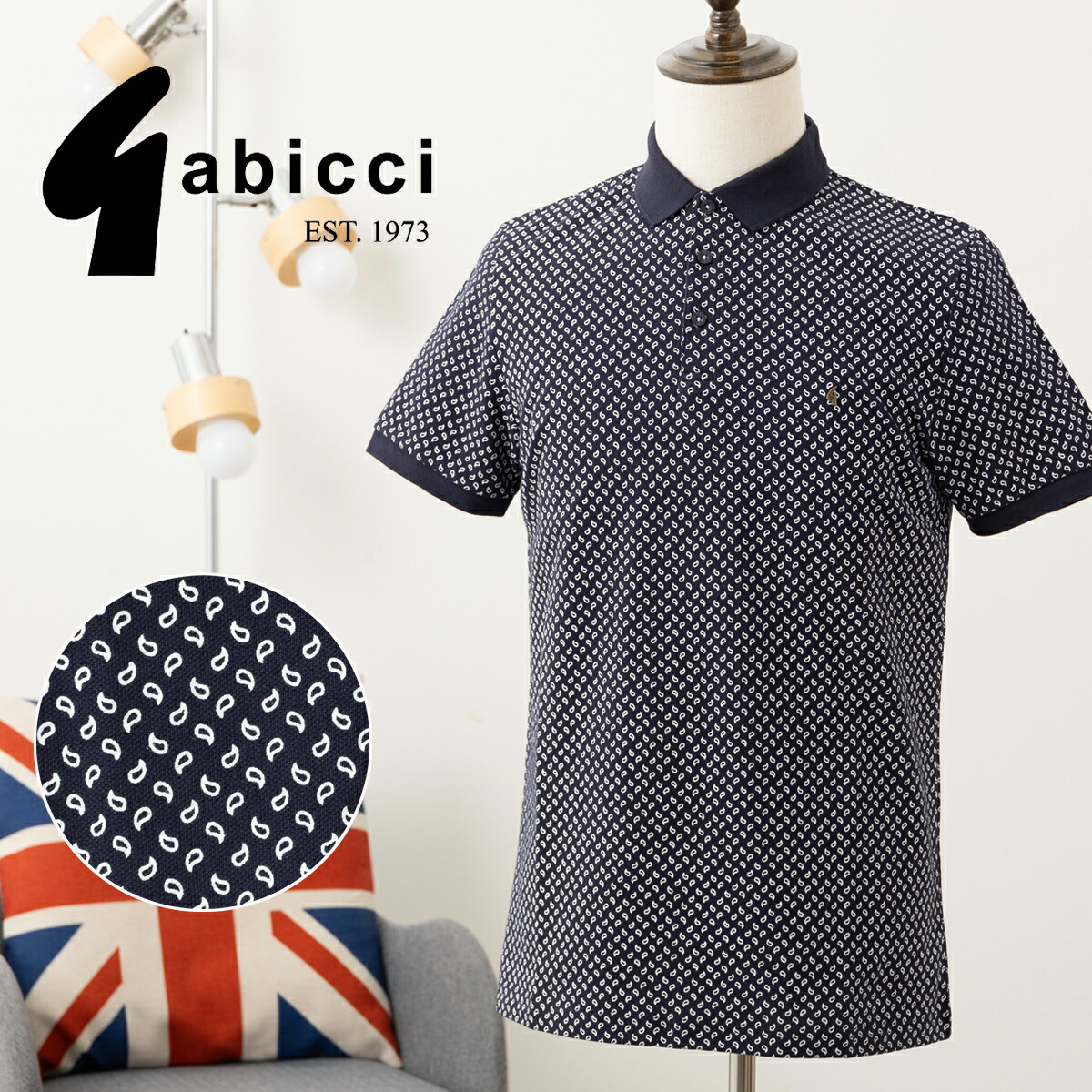 Gabicci ガビッチ 半袖ポロシャツ ペイズリープリント ネイビー johnny レトロ モッズファッション ギフト ユニセックス メンズ