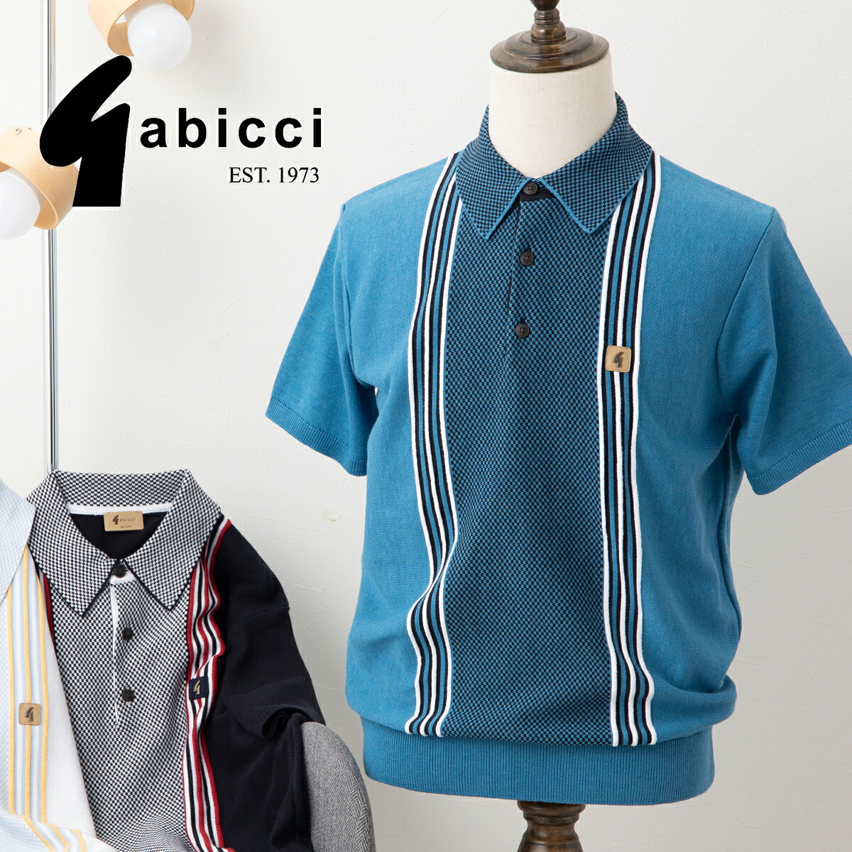 Gabicci メンズ ポロシャツ 半袖 ニットポロ ガビッチ 2025ss 新作 スカチェック アクア ネイビー ホワイト レトロ モッズファッション ギフト トラッド