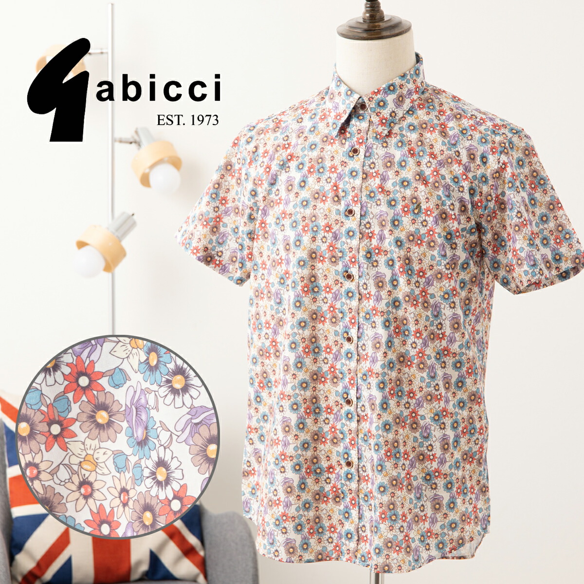 Gabicci ガビッチ 半袖シャツ フローラルプリント フラワー 2025SS 新作 アクア 隠しボタンダウン コットン モッズファッション ギフト ユニセックス メンズ