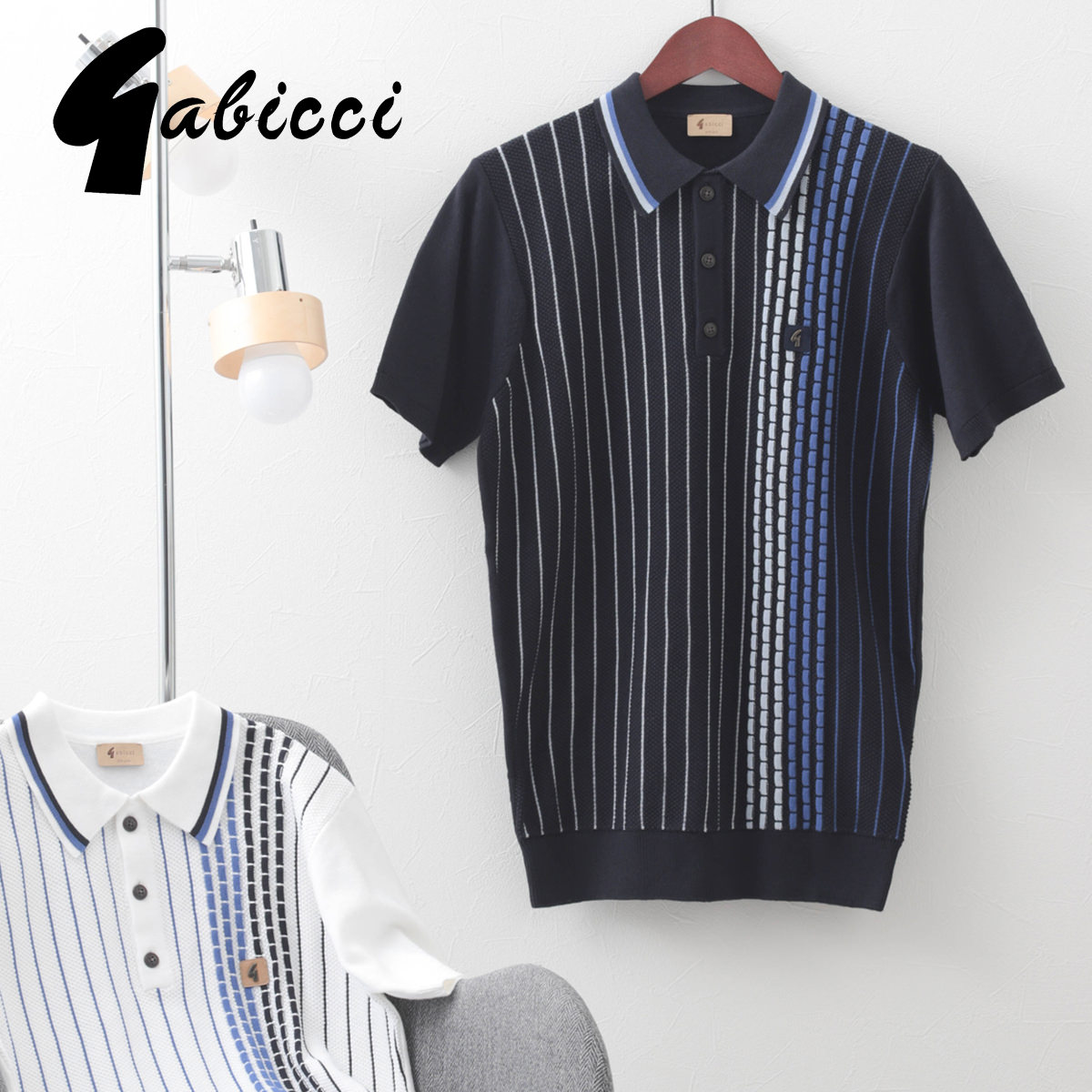 Gabicci メンズ ポロティーシャツ ポロ ガビッチ 21ss 新作 棒縞 パネル 2思われ人 褐 白 ニット レトロ モッズファッション Gエンブレム 3山橘 音物 因習的 レトロ情漂動ストライプニットポロ 半袖 モッズ ファッション 紺 白み 壮丁コーデ キレイめ V46gm07 S M L