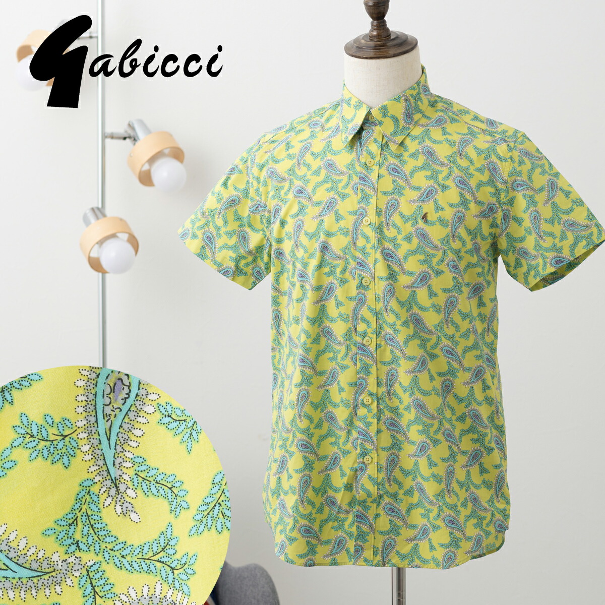 Gabicci メンズ 半袖シャツ ガビッチ ペイズリー ピスタチオ イエローグリーン コットン ボタンダウン レトロ モッズファッション プレゼント ギフト トラッド