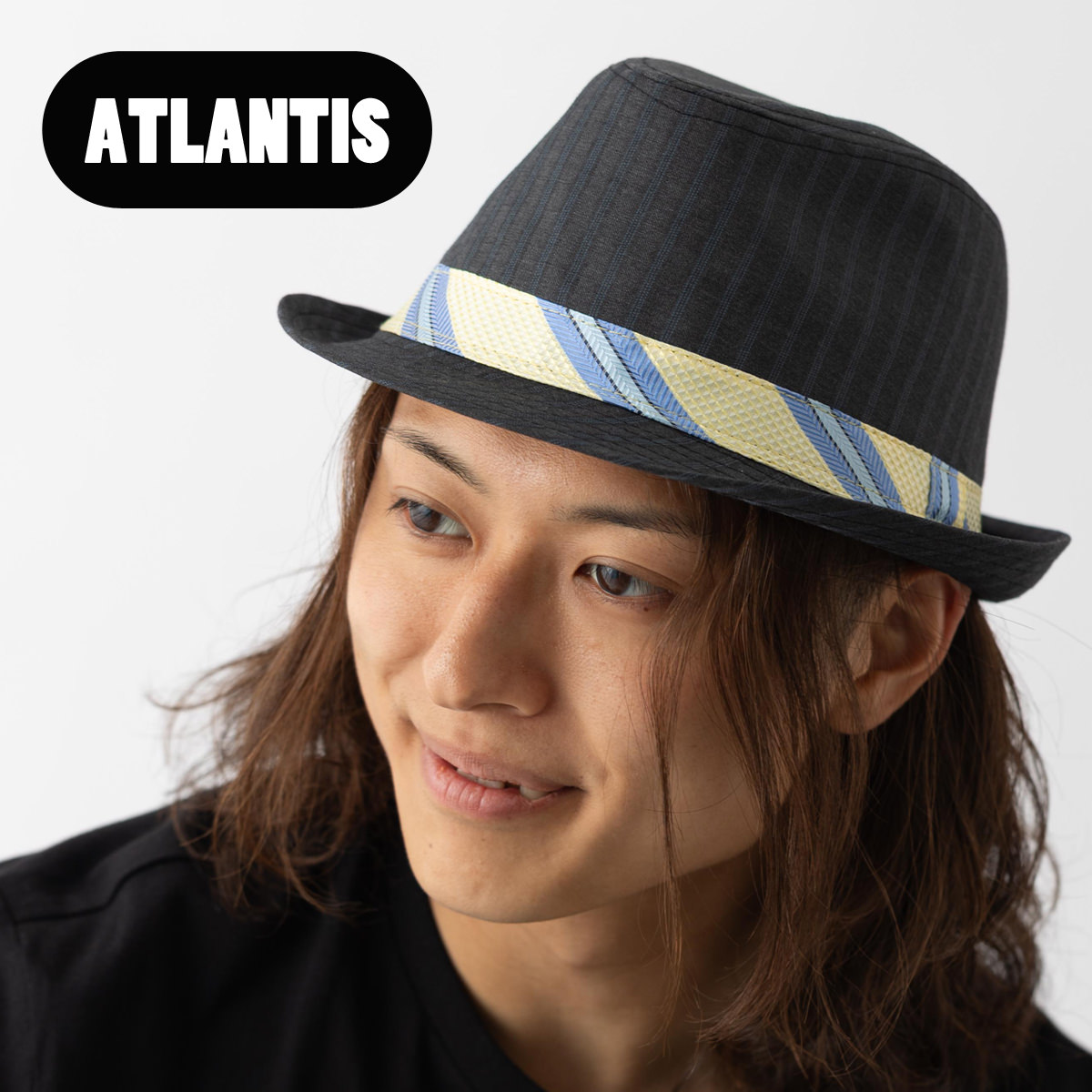 ATLANTIS アトランティス ハット 帽子 メンズ PETER NERO 59cm ブラック Black ストライプ リボン テープ モッズ インディーズ Hat コットン ギフト トラッド