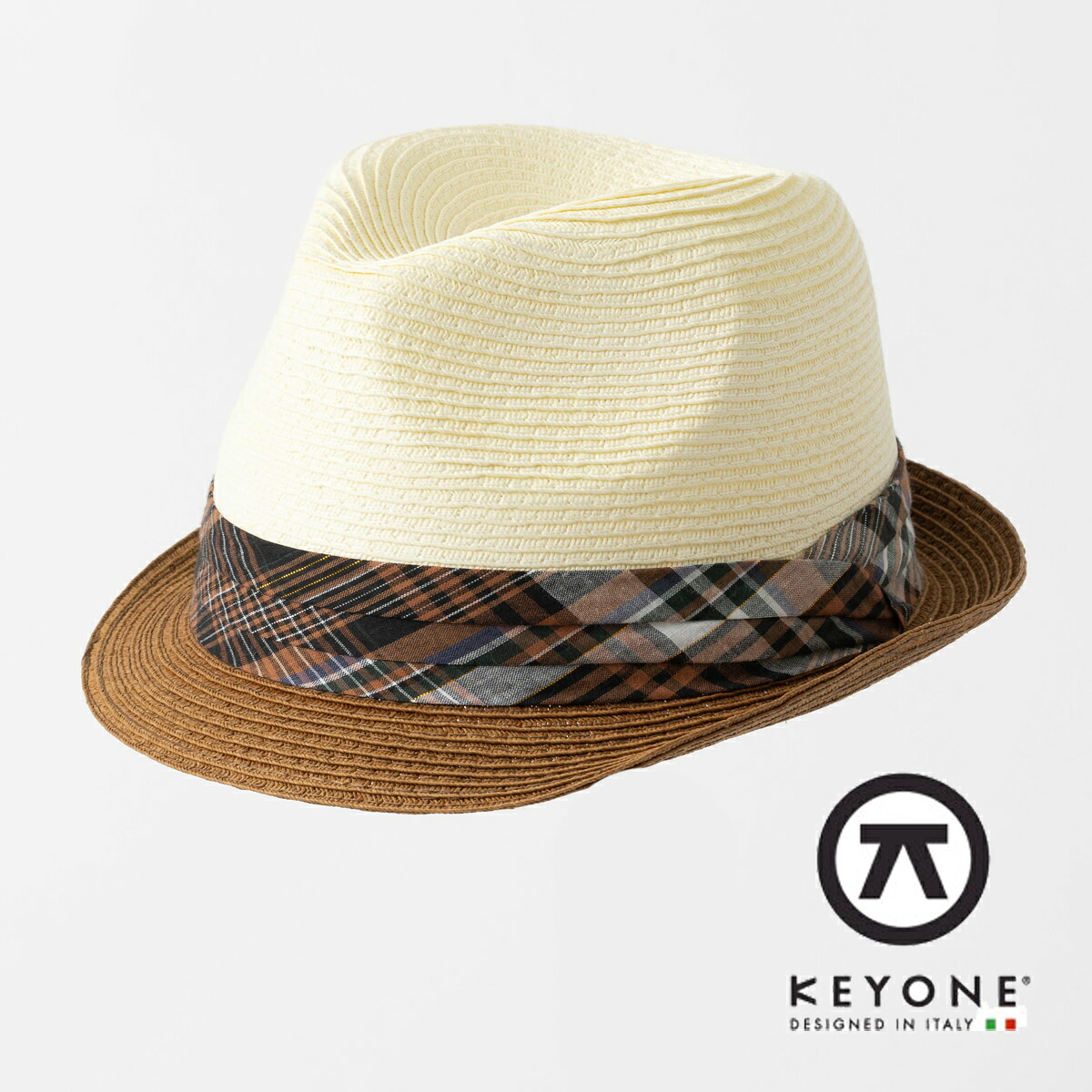 KEYONE キーヨン 麦わら 帽子 ストローハット ペーパーストロー ハット 60cm 麦わら帽子 Daster Natural Marrone Straw Hat チェックリボン オフホワイト ブラウン UK モッズファッション ギフト トラッド