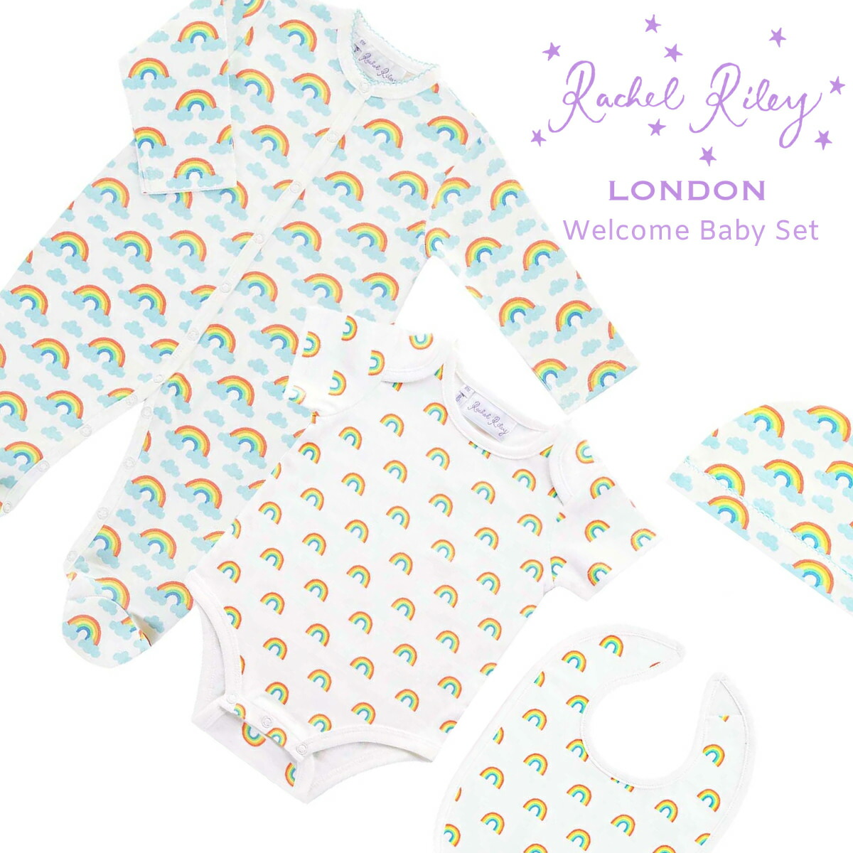 英国キャサリン妃 ジョージ王子ご愛用ブランド キッズ キッズ ベビーウェア 子ども 虹 ベビーファッション Uk ファッション カバーオール ロンパース 白 橙 黄 青 Rrwbsetmu 1m 3m 6m レイチェルライリー キッズ 子供服 肌着 ウェルカムベビーセット レインボー