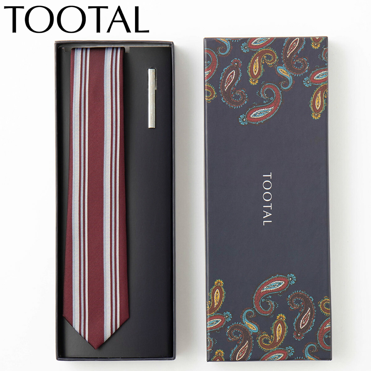 TOOTAL メンズ ネクタイピンギフトセット 100%上質シルク編み ボルドーストライプ トゥータル ヴィンテージ オリジナル 祝い 卒業式 トラッド 細め プレゼント