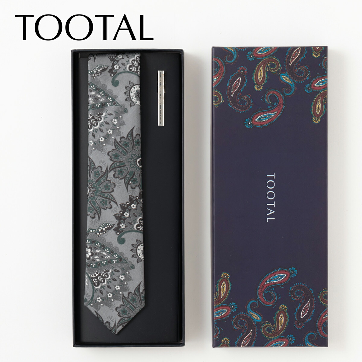 TOOTAL メンズ ネクタイピンギフトセット 100%上質シルク編み シルバーペイズリー トゥータル ヴィンテージ オリジナル 祝い 卒業式 トラッド プレゼント