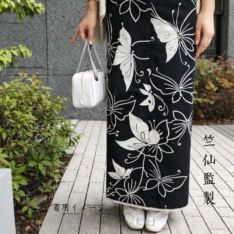 竺仙 鑑製 長板本染 浴衣 小紋 兼用 カジュアル着物 反物(3500)【アゲハ蝶A】