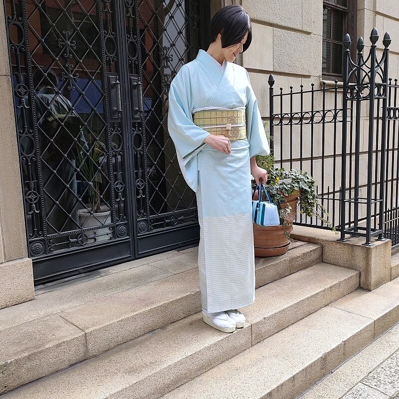 紬 訪問着 横段長格子紋 水色 紬カジュアル訪問着 御仕立上り(3503)｜きもの　club 藤