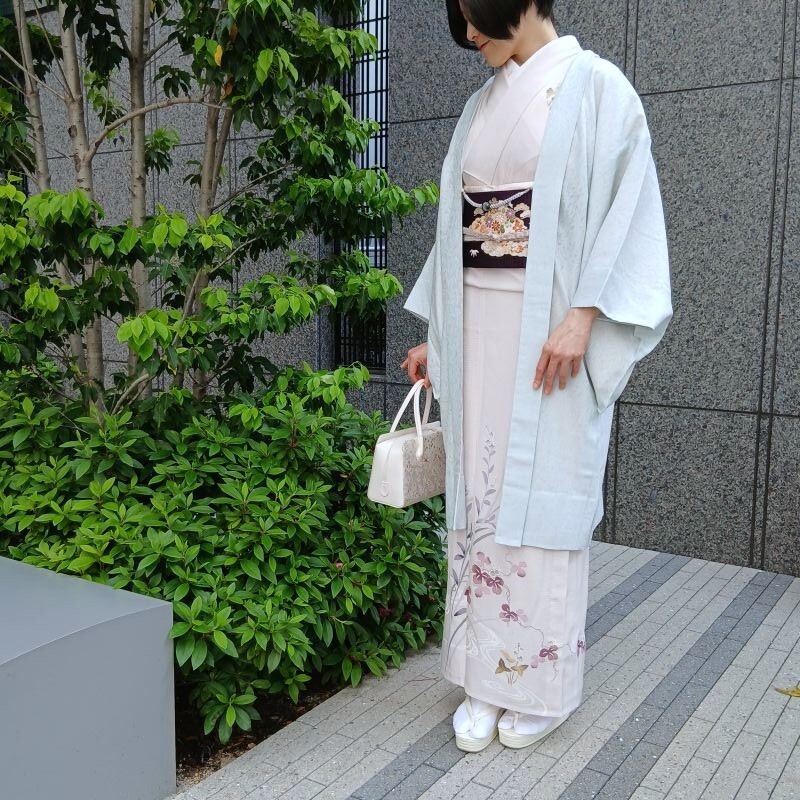 夏 単衣 羽織 紋紗織 和装コート 新品 ロング丈 羽織物 茶道着物 カジュアル 御仕立上り (13類)【無地バロック 白藍色】 3512)|きもの club 藤