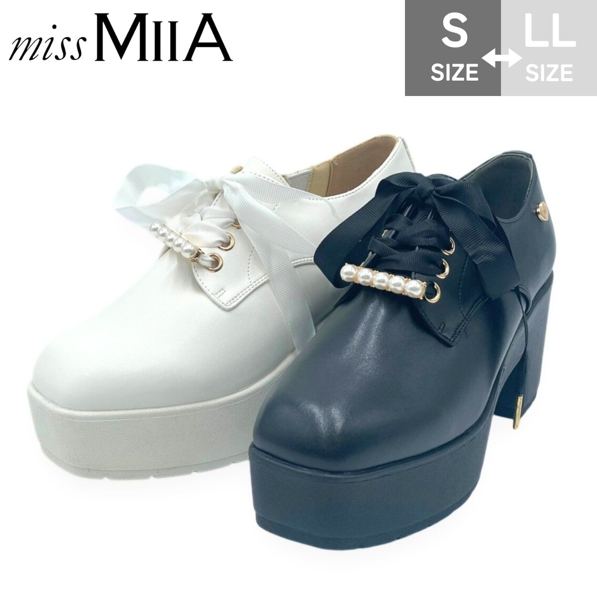 【マラソン！お得なクーポン×P2倍！P最大49倍！】 miss MIIA ミスミーア 厚底 ローファー スクエア パール リボン マニッシュ パンプス カジュアル シューズ レディース 靴 ガーリー シューレース レースアップ かわいい 美脚 歩きやすい ma3722