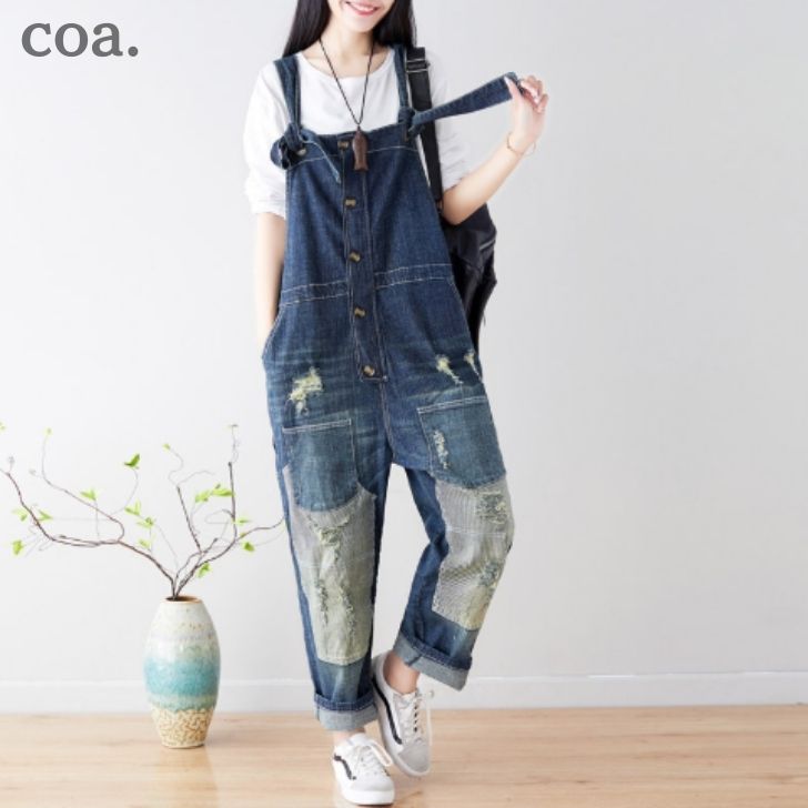 デニムサロペット レディース オーバーオール オールインワン ロングパパンツ ロング丈 デニムパンツ ダメージ加工 シンプル カジュアル レトロ 体型カバー ゆったり デート お洒落