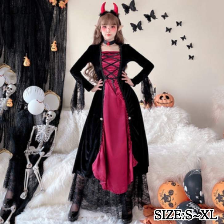 ハロウィン コスプレ ロリータ 悪魔 ワンピース 首飾り 2点セット 小悪魔 デビル 魔女 吸血鬼 ヴァンパイア バンパイア ワンピース ワンピース イベント ステージ Halloween 仮装 衣装 コスチューム 大人 女性 可愛い レディース セクシー