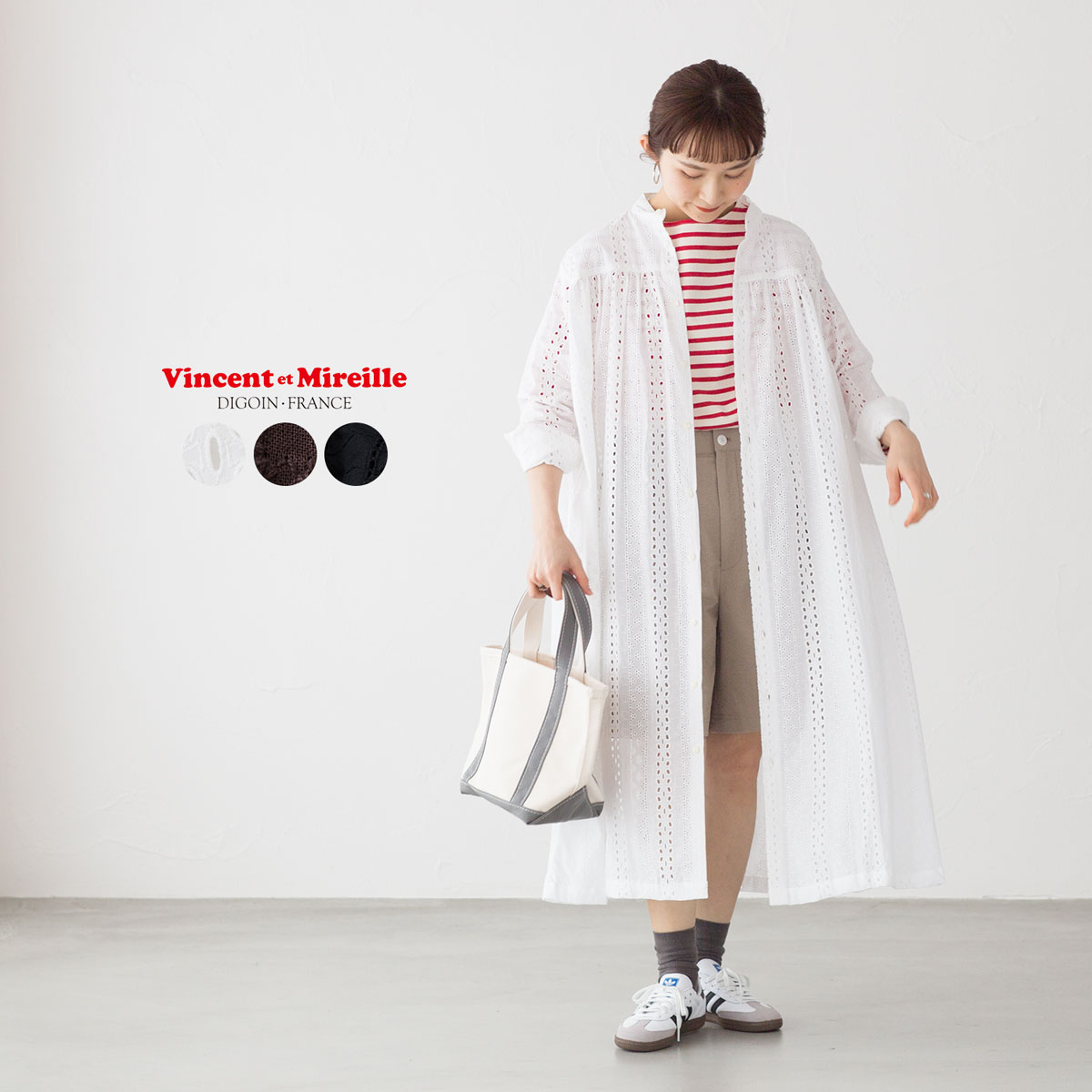 ヴァンソンエミレイユ ロングスリーブ ドレス Vincent et Mireille VM252HB00052/VM251IN00052 ワンピース レディース 総刺繍 コットン シアー シースルー 前開き スタンドカラー|ココチヤ