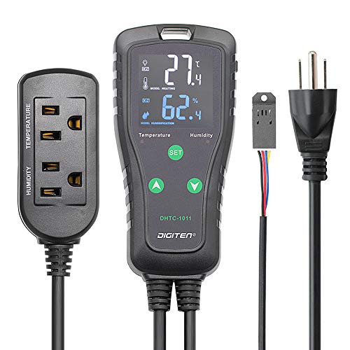 DIGITEN温度および湿度コントローラーDHTC-1011温湿度コントローラー 爬虫類テラリウムキノコ温室自作発酵用の配線済みデュアルステージアウトレットデジタルサーモスタット湿度計