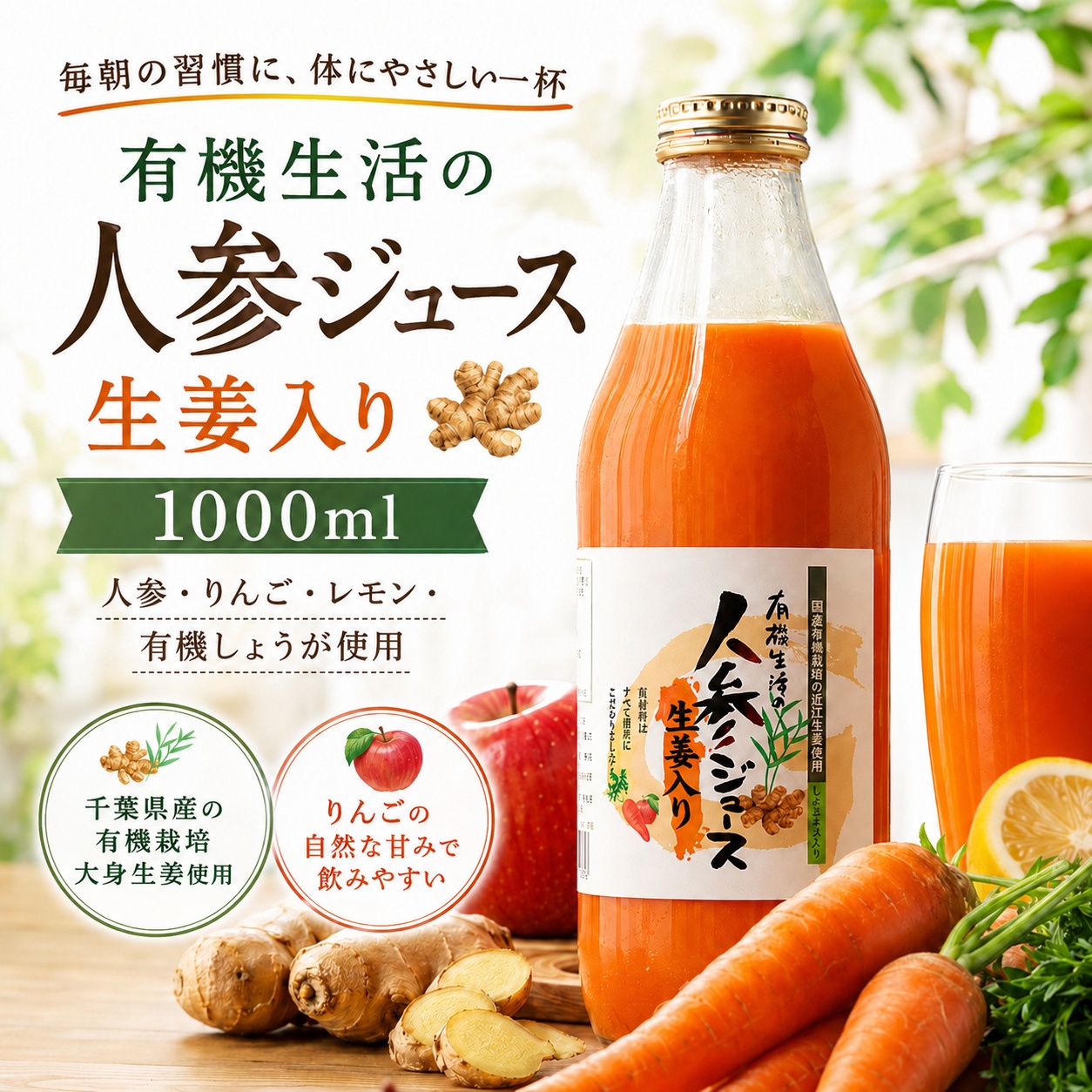 有機生活の人参ジュース 生姜入り 1000ml 選べる1本～12本 有機しょうが使用 りんご入り 無添加 にんじんジュース 野菜ジュース｜コッコパッソ