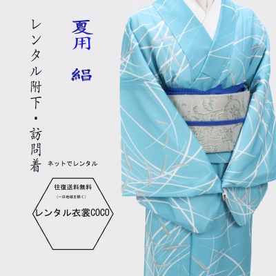 【レンタル】夏用 訪問着 附下 絽 流線笹模様レンタル絽附け下げ　 L～2L寸7.8月訪問着 16点 レンタル セット 往復送料無料 結婚式 レンタル訪問着 着物 お茶会 れんたる fy16REN07同窓会お宮参り お祝い 祝賀 絽 草履バッグ付