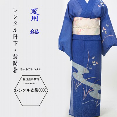 【レンタル】夏用　訪問着絽 流水青波模様に蝶レンタル絽訪問着M～L寸7.8月訪問着 16点 セット 往復送料無料 背が高い方結婚式 レンタル訪問着 お宮参り 着物 お茶会 れんたる 夏用附下　夏物訪問着fy16REN07お宮参り お祝い 祝賀 絽 卒業式