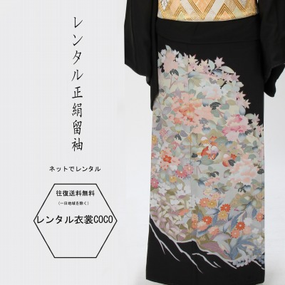 【黒留袖レンタル】淡鳥小花柄友禅黒留袖高級留袖結婚式・友禅Ｍ寸～Ｌ寸お母様の留袖・正絹 16点フルセット レンタル/留袖/留袖/着物レンタル/結婚式/黒留袖/正絹/貸衣装/母親/親族/とめそで トメソデ/草履バッグ付★往復送料無料★複数割引fy16REN07