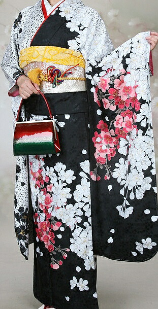 【レンタル】レンタル衣裳・貸衣装・黒地に紅白枝垂桜模様振袖Ｍ寸正装・成人式振袖黒地・20歳の記念衣裳正装★fy16REN07★振袖レンタル １月振袖 〔女性和服〕〔振り袖〕〔rental〕〔貸衣装〕往復送料無料・草履バッグ付 16,722円