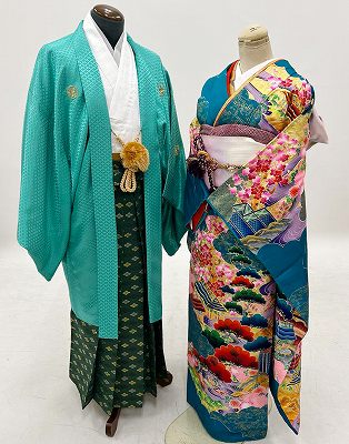 【花嫁御寮花むこ本振袖賃借】青でお一揃い袴振袖賃借 華燭の典 花嫁御寮 貸御召しもの 御召しもの 紋付袴 晴れ晴れしい御召しものキラキラ正絹生成りしろむく 華燭の典 交歓会 前撮り映画化 神殿挙式 神前式 花嫁御寮御召しもの 貸御召しもの 綿帽子 紋付き袴fy16REN07★