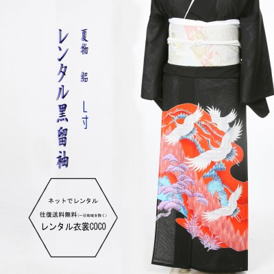 【レンタル】夏用 赤紫松に鶴レンタル絽黒留袖L寸7.8月夏用絽留袖・夏用留袖16点フルセットレンタル/留袖fy16REN07/レンタル留袖/着物レンタル/結婚式/黒留袖/絽・貸衣装/母親/親族/とめそで トメソデ/草履バッグ付★往復送料無料★