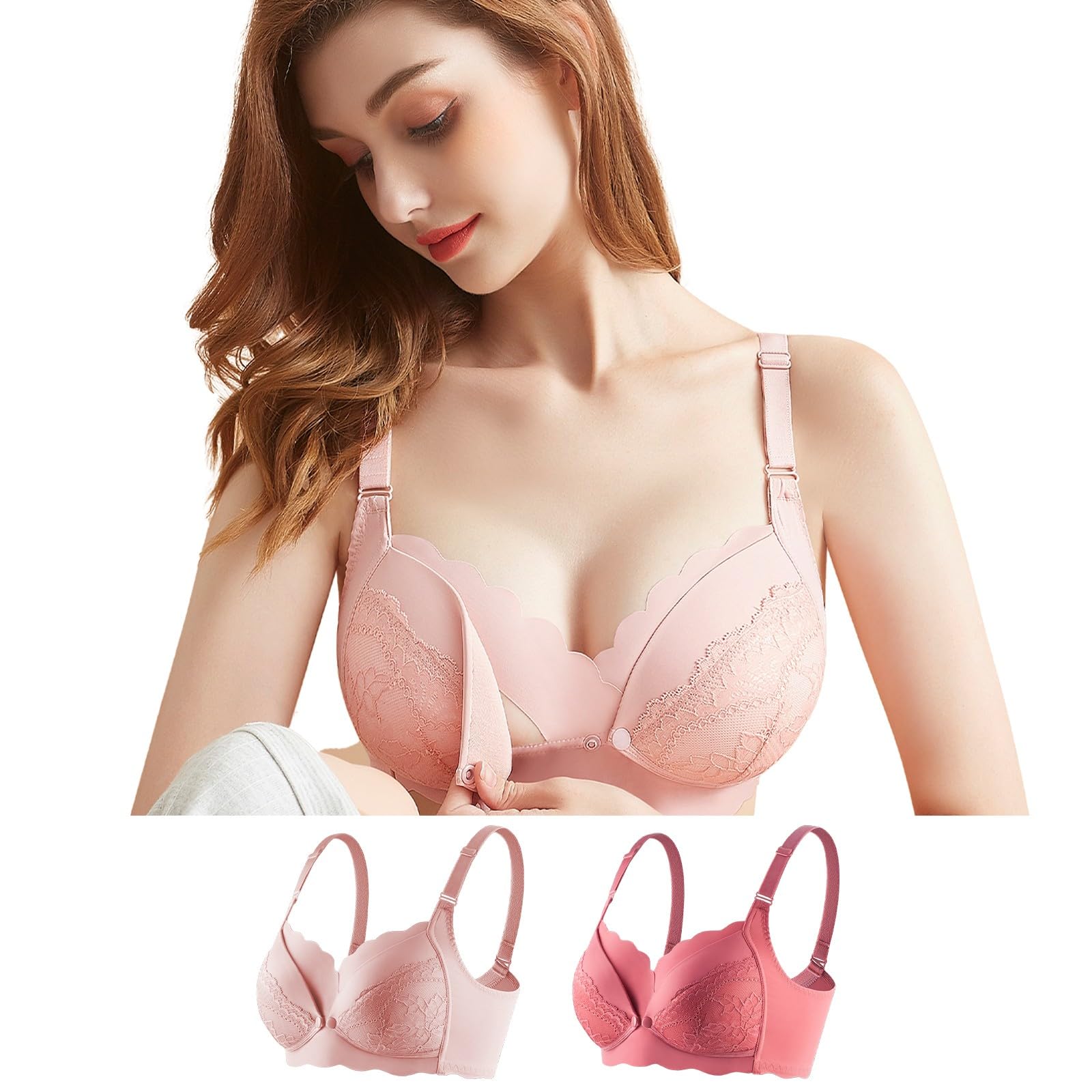 【送料無料】[Kaiyas] 授乳ブラ マタニティブラ 前開きブラジャー ノーワイヤ ナイトブラ 授乳ブラジャー 垂れ防止 脇高設計 前開きブラ フロントオープン 大きいサイズ 綿 通気性 調整可能 着脱簡単 産前産後兼用(90D ピンク+ブラッドオレンジ)画像