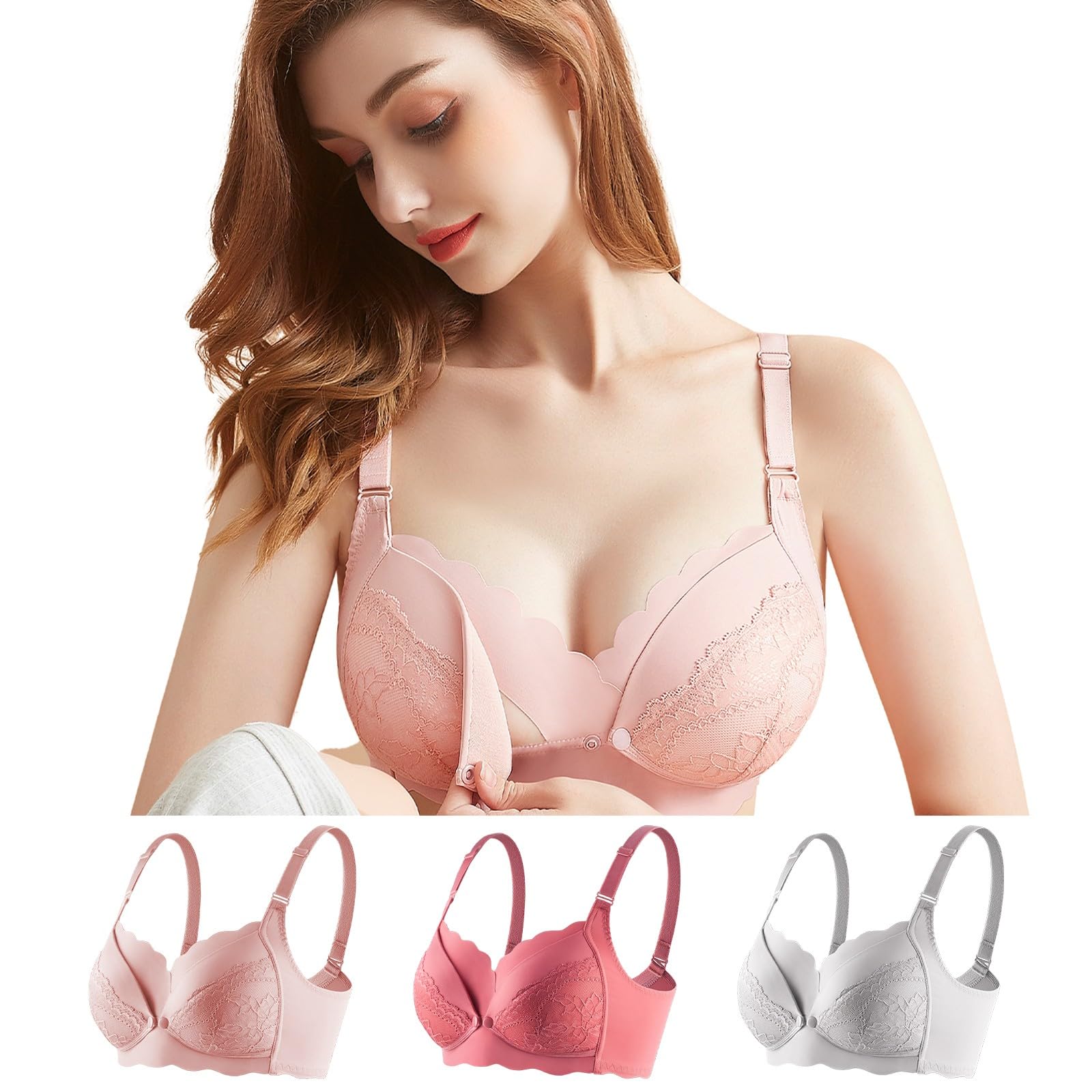 【送料無料】[Kaiyas] 授乳ブラ マタニティブラ 前開きブラジャー ノーワイヤ ナイトブラ 授乳ブラジャー 垂れ防止 脇高設計 前開きブラ フロントオープン 大きいサイズ 綿 通気性 調整可能 着脱簡単 産前産後兼用(90D ピンク+ブラッドオレンジ+ライトグレー)画像