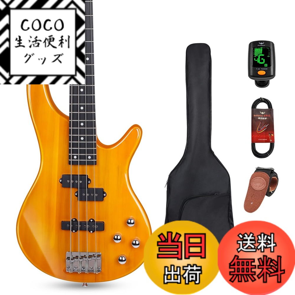 【送料無料】Bullfighter エレキベース 初心者入門セットアクセサリーセット付き、PB PJB 4弦bassエレキベース初心者入門パフォーマンスロック楽器 Bass [ソフトケース/シールド/ストラップ/ピック/調整用レンチ付属] (PJ-Wood)