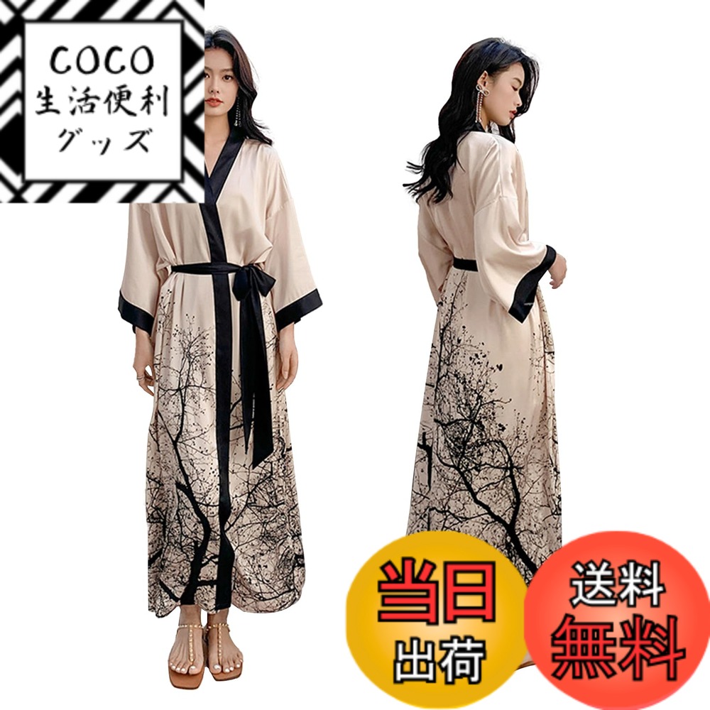 【送料無料】[YunXiozy Star] バスローブ レディース 薄手 シルクタッチ ガウン 夏用 部屋着 ルームウェア ロング ガウン 単品 ナイトガウン レース サテン浴衣 浴衣式 軽量 膝上 ロングローブ 女性用 色：アプリコット、サイズ：L