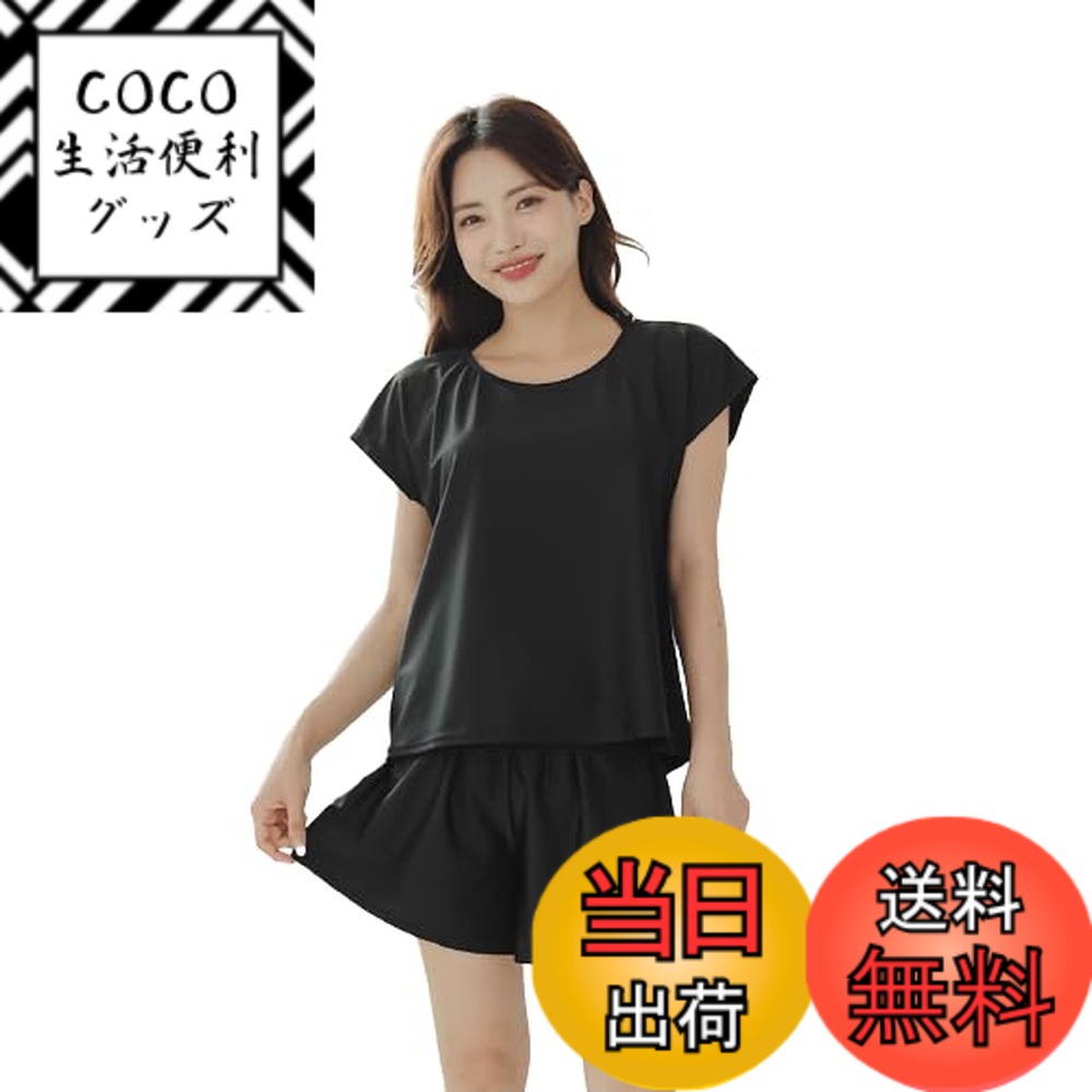 【送料無料】[growncharm] 水着 レディース 体型カバー タンキニ Tシャツパッド付き 一体型 インナーショーツ 【UPF50+ UVカット加工】【2点セット】[SWSB03] 色：ブラック、サイズ：LL