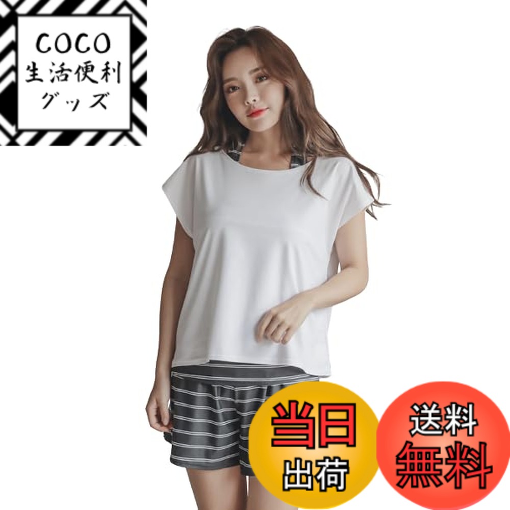 【送料無料】[growncharm] 水着 レディース 体型カバー タンキニ Tシャツ ショートパンツ【UPF50+ UVカット加工】【4点セット】[SW18B2-03] 色：ダブルボーダーブラック、サイズ：3L