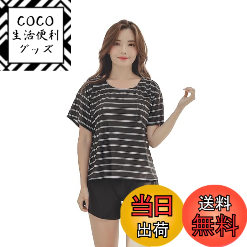 【送料無料】[growncharm] 水着 レディース 体型カバー タンキニ Tシャツ パット付き 一体型 パット付き【UPF50+ UVカット加工】【2点セット】[SW18B2-02] 色：ダブルボーダーブラック+ブラック、サイズ：4L