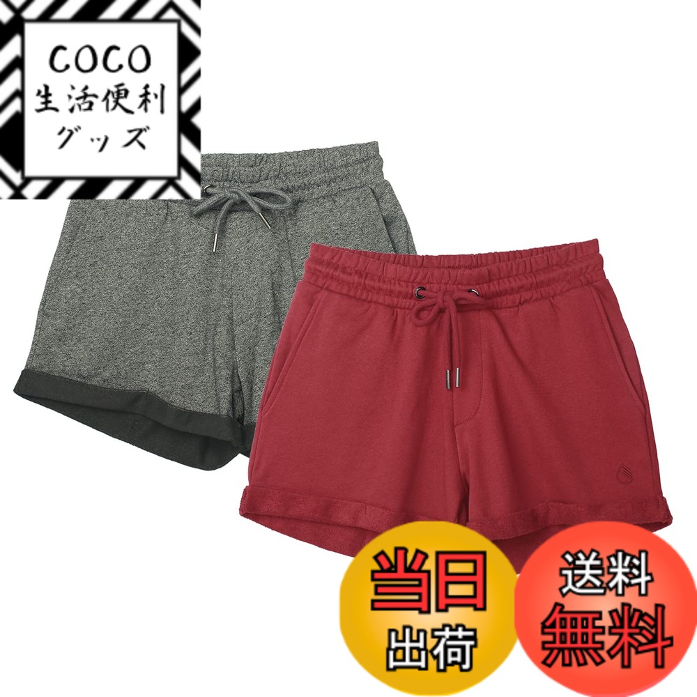 【送料無料】icyzone レディース ショートパンツ 短パン スウェットショーツ コットン 通気性 伸縮性 吸汗 アスレチック ランニング ジョギング ヨガ ルームウエア 2枚セット 色：チャコール/ワインレッド、サイズ：L