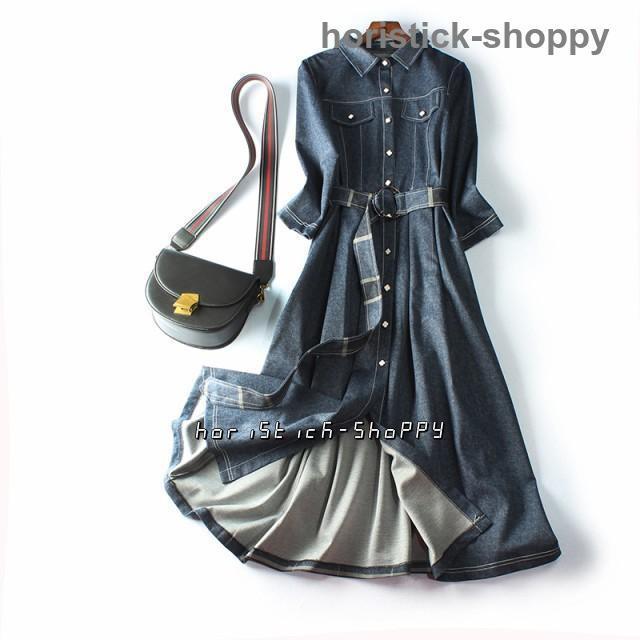 デニム ワンピース ロング レディース デニムワンピース ロングワンピース 長袖 七分袖 大きいサイズ 3L 4L 切り替えワンピース ウエストマーク|coco-ailes
