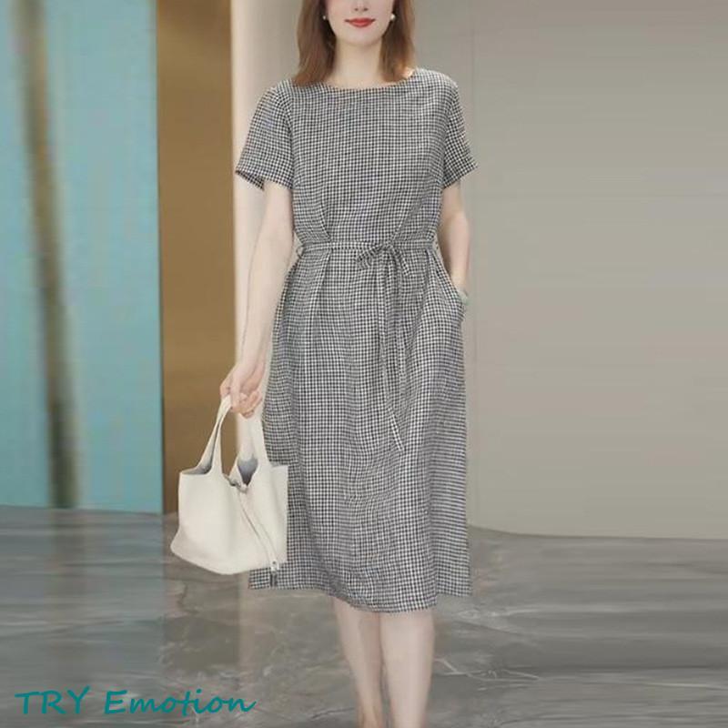 ワンピース レディース 半袖 夏 春 ワンピ 格子柄 ゆったり ロングワンピース マキシワンピース マキシ丈 きれいめ 体型カバー｜coco-ailes