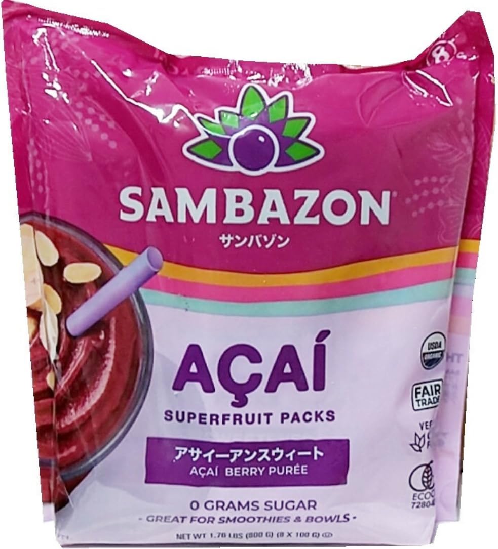 個サンバゾン オーガニック アサイー スムージー パック ピュアアンスウィート（砂糖不使用）100g×8袋 アサイーボウル 有機アサイー パック フローズン ジュース 食品 美容 健康 ダイエット ポリフェノール 朝食 夜食 おやつ 業務用 冷凍【Costco コストコ】